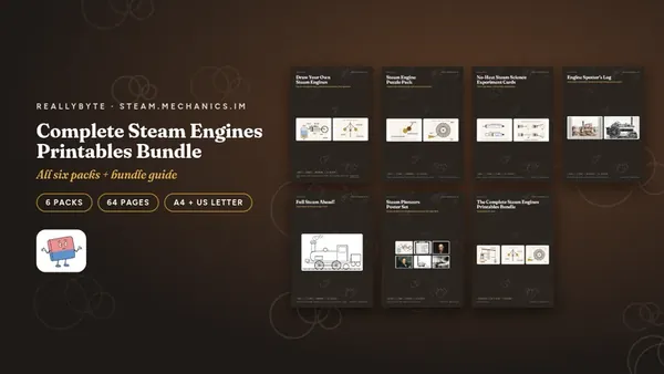 Cover of the steam engines printables bundle from steam.mechanics.im